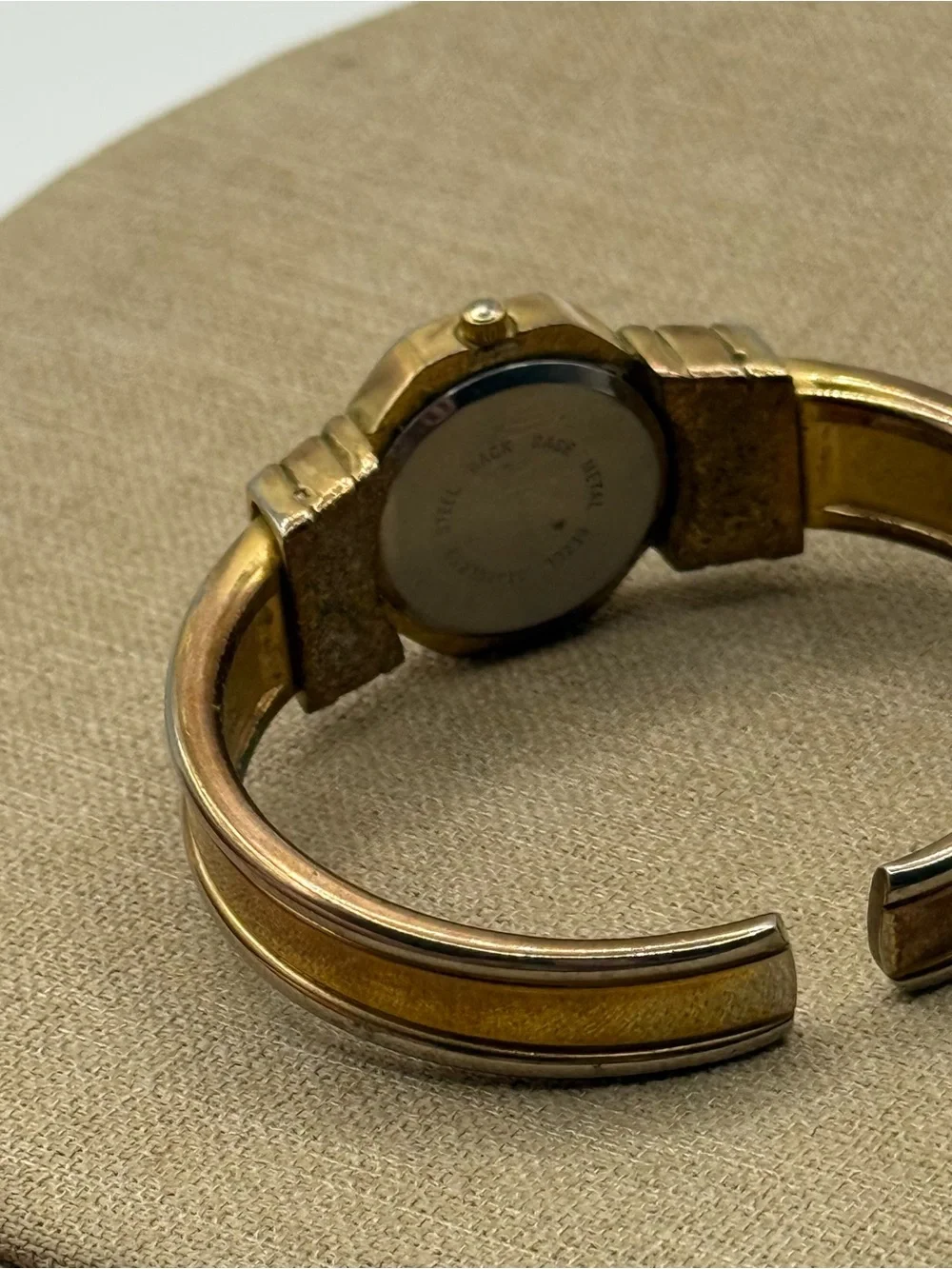 Pierre Jacquard Gold Tone Cuff Watch Rhinestones Metal Band Blue Octagon Dial